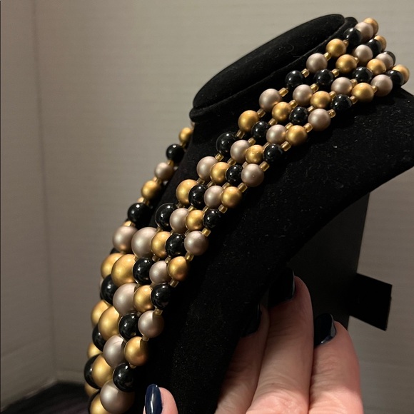 Elegant Gold Silver and Black Beaded 4 Strand Necklace - Picture 3 of 7